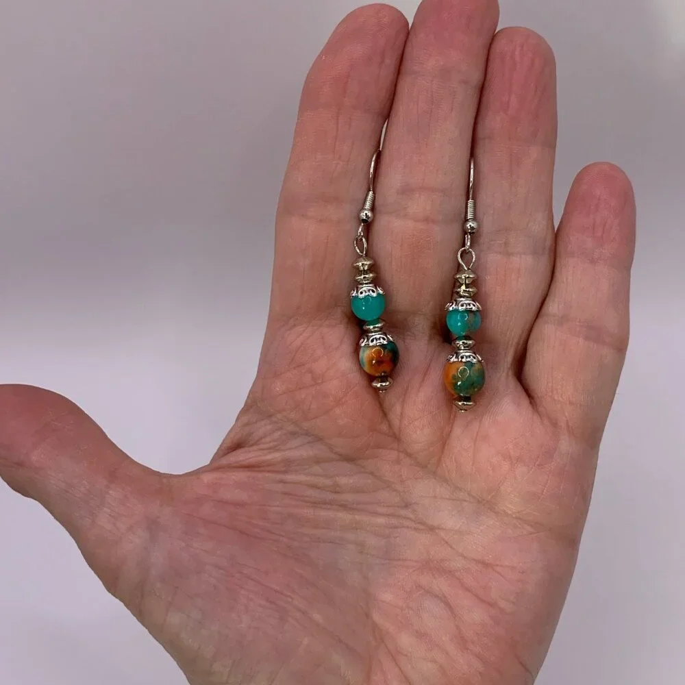 Sea Sediment Jasper w/Orange & Blue Rain Flower Jasper Handmade Earrings LR113
